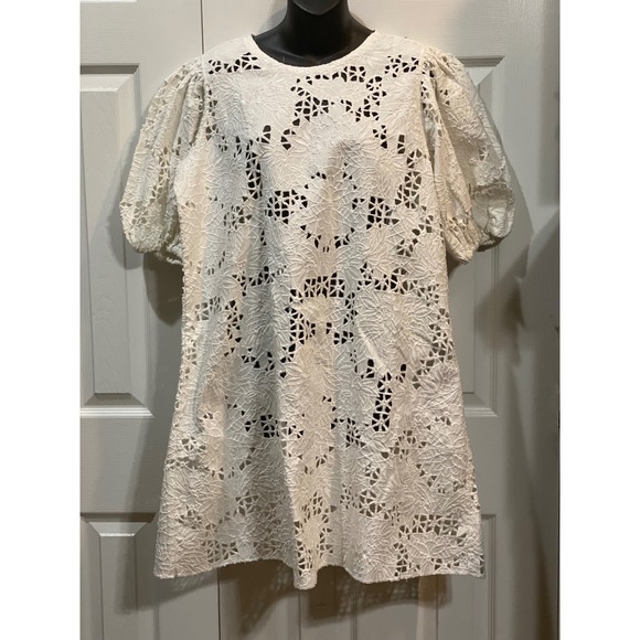The Odells Eyelet Lace Puff Sleeve Mini Dress Floral White Party Cocktail - Picture 2 of 4